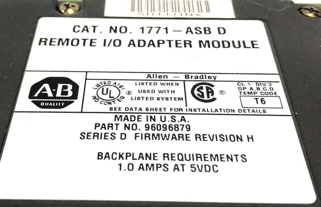 Allen-Bradley Remote I/O Adapter Module Series D Rev H 1771-ASB USED