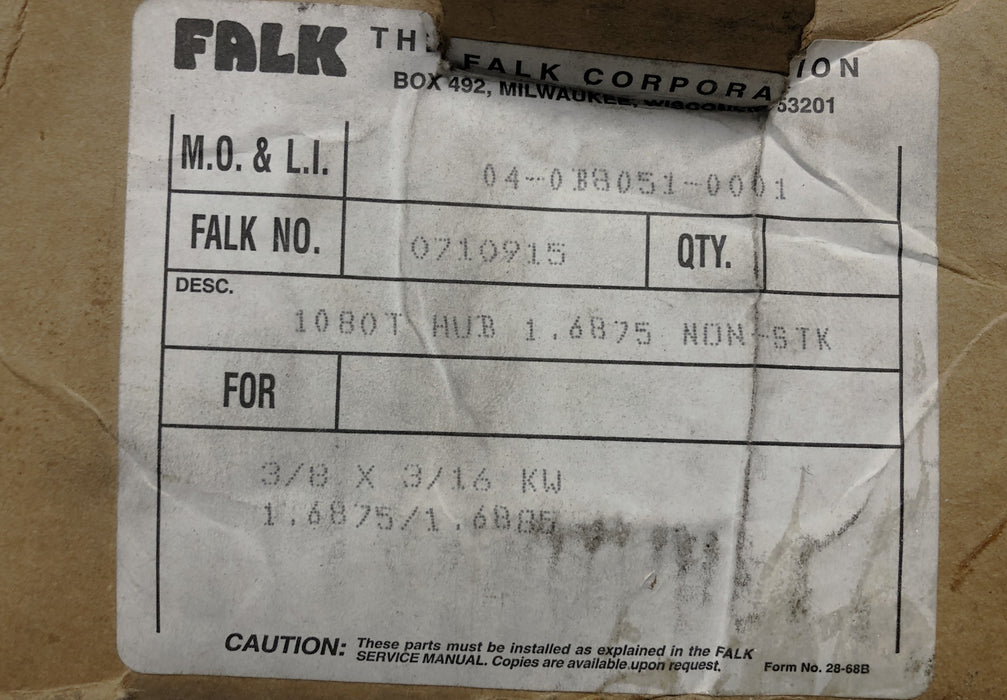 Falk 1080T Hub 1.6875 inch Bore NON-STK KWY 3/8 X 3/16 0710915 NOS