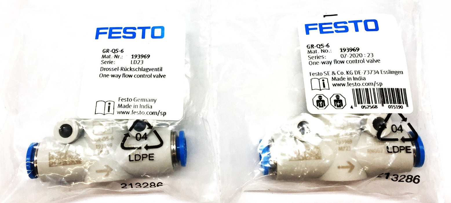 Festo GR-QS-6 One Way Flow Control Valve 193969 [Lot of 2] NOS