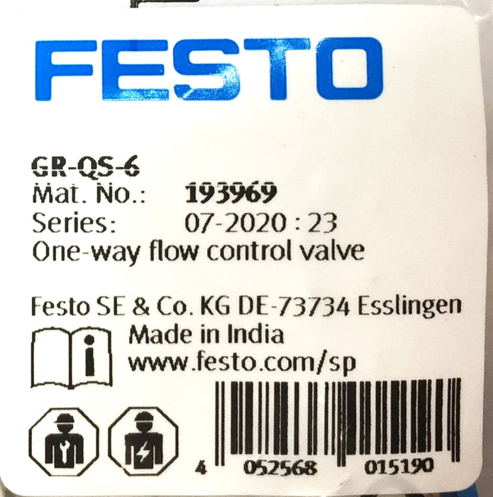 Festo GR-QS-6 One Way Flow Control Valve 193969 [Lot of 2] NOS