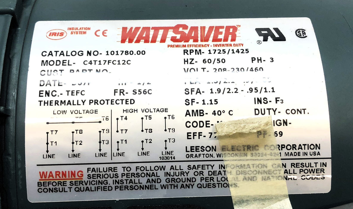Leeson WattSaver Inverter-Rated Efficiency Motor 101780.00 NOS