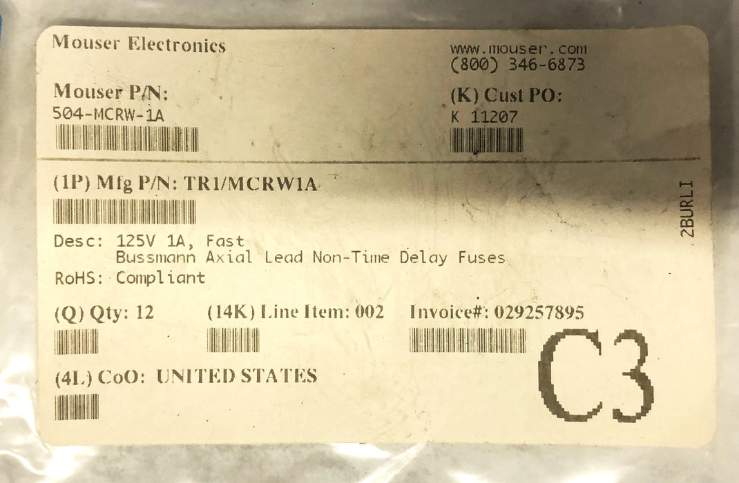 Bussmann 125V 1A Axial Lead Non-Time Delay Fuse 504-MCRW-1A [Lot of 12]NOS