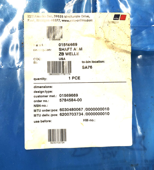 MTU America Inc ZB Welle Shaft Hose Assembly 01569669 NOS