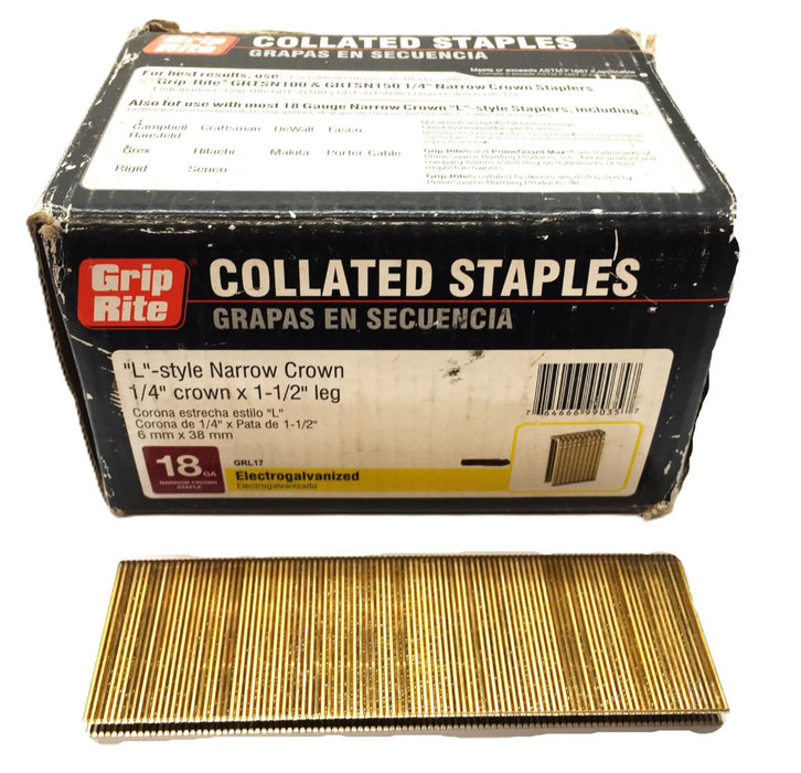 Grip-Rite 1/4" x 1-1/2" 18ga. L-Style Narrow Crown Staple Box(4400pcs) GRL17 NOS