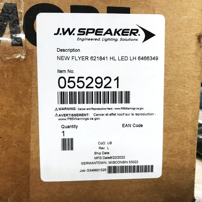 J.W. Speaker New Flyer LH Headlamp Assembly 552921 NOS
