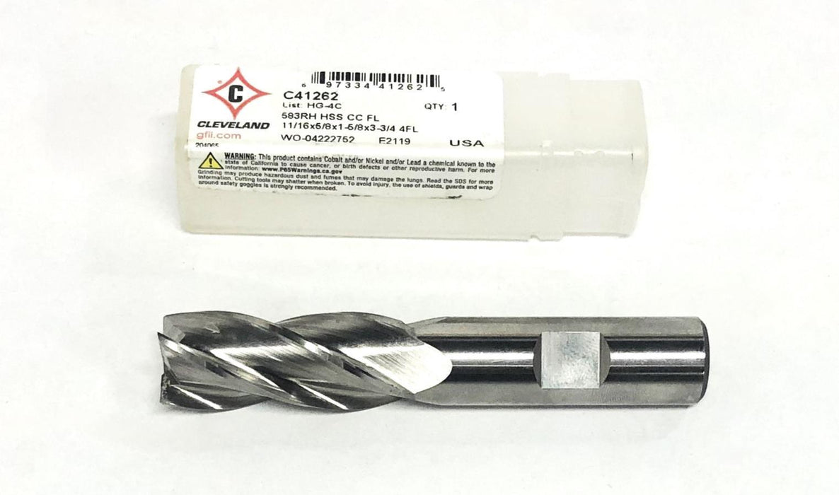 Cleveland 1-1/16x5/8x1-5/8x3-3/4 Inch 4FL 583RH Center Cut End Mill C41262 NOS