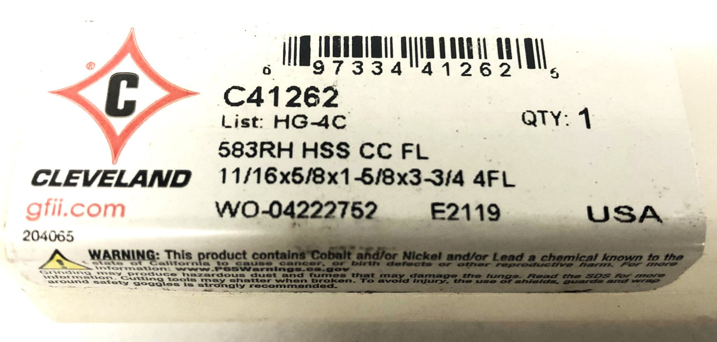 Cleveland 1-1/16x5/8x1-5/8x3-3/4 Inch 4FL 583RH Center Cut End Mill C41262 NOS
