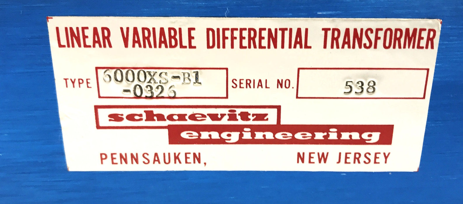 Schaevitz Linear Variable Differential Transformer 6000XS-B1-0326 NOS
