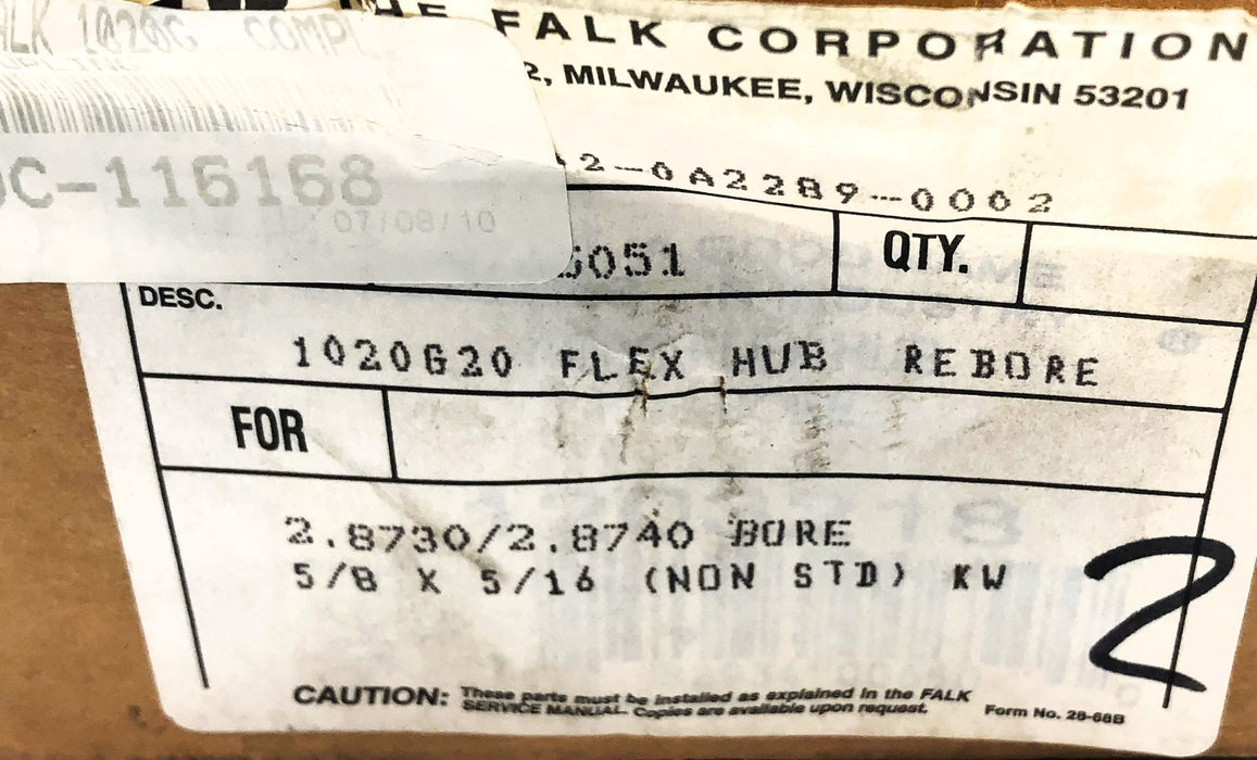 FALK 2.8730/2.8740 Bore 5/8 X 5/16 KW Flex Hub 1020G20 NOS