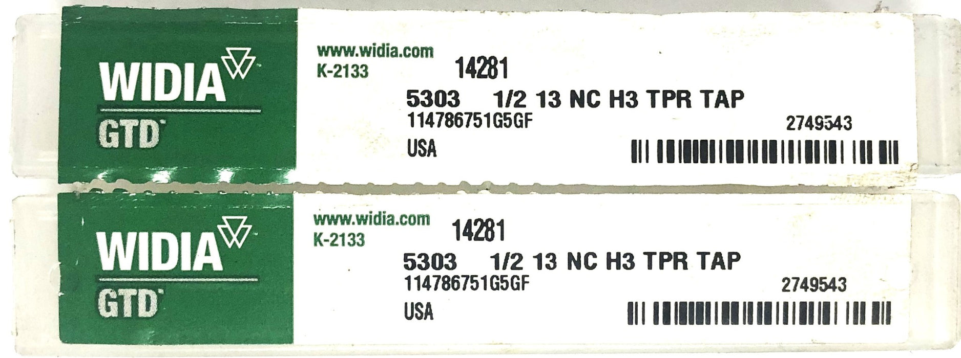 Widia 1/2-13 NC H3 4FL Taper Tap 5303 (14281)  [Lot of 2] NOS