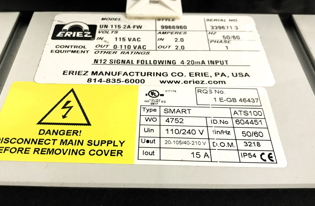Eriez Vibrating Pan Feeder W/ (Feeder Control UN-115-2A-FW) 15A USED