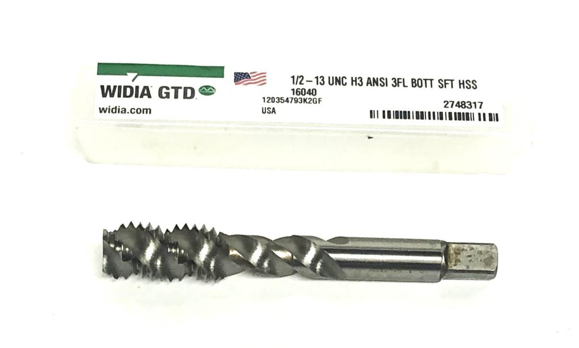 Widia GTD 1/2-13 UNC H3 ANSI 3FL Bottom Spiral Flute Tap HSS 16040 NOS