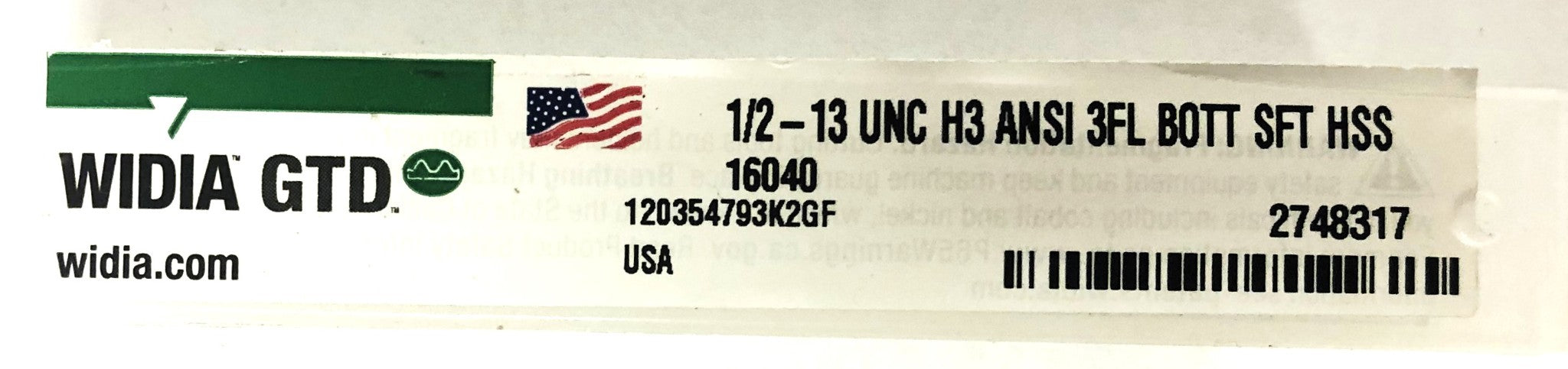 Widia GTD 1/2-13 UNC H3 ANSI 3FL Bottom Spiral Flute Tap HSS 16040 NOS