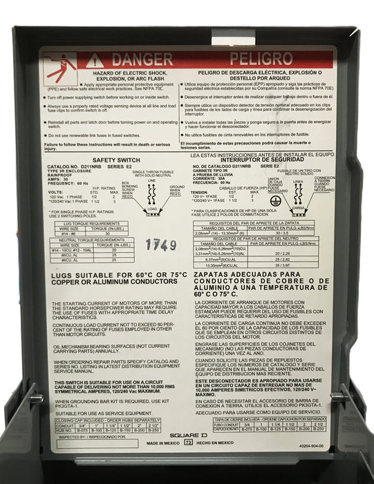 Square D General Duty Safety Switch D211NRB NOS