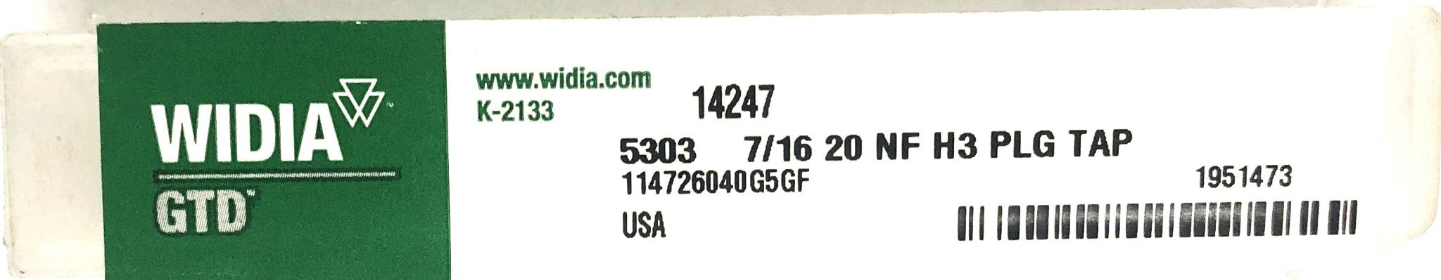 Widia GTD 7/16 20 NF H3 4 Flute Straight Plug Tap 14247 (5303) NOS