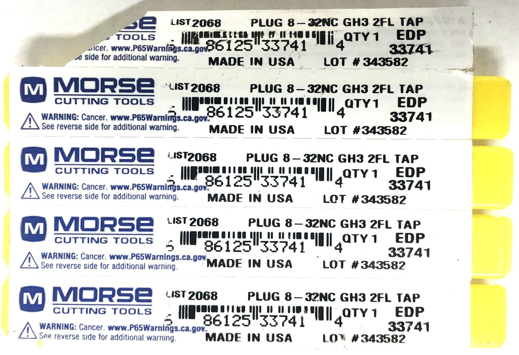 Morse 8-32 NC GH3 2 Flute Plug Tap 33741 [Lot of 4] NOS