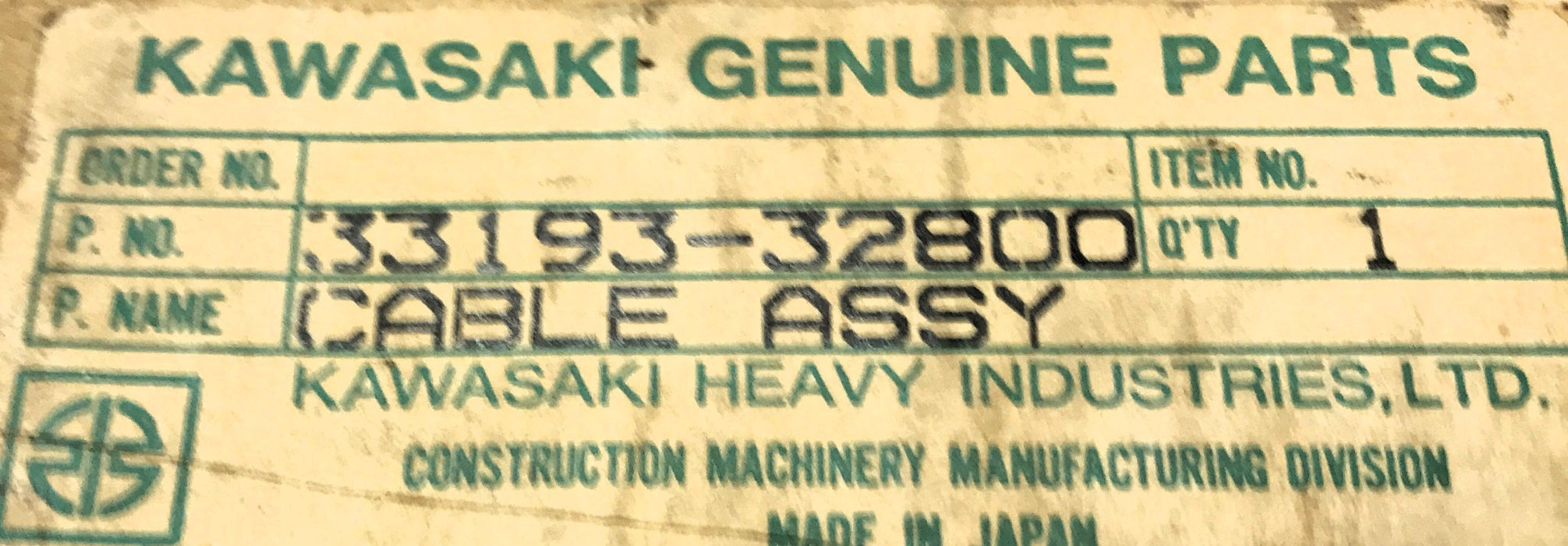 Kawasaki Cable Assembly 33193-32800 NOS