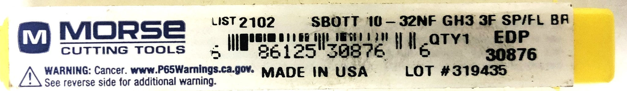 Morse SBOTT 10-32NF GH3 3 Flute Spiral Tap 30876 NOS