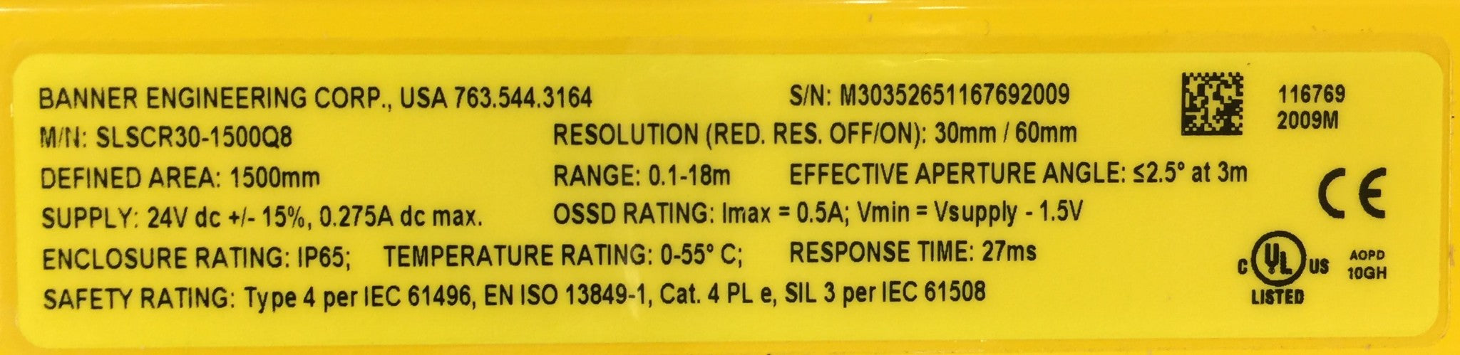 Banner Engineering EZ-Screen 62" Light Curtain SLSCR30-1500Q8 NOS