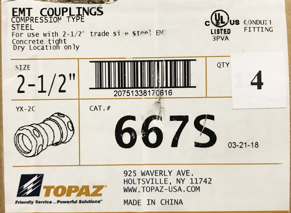 Topaz EMT Steel Compression Fitting 667S [Lot of 4] NOS