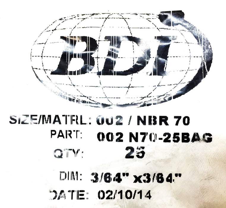 BDI 002 NBR 70 3/64" x 3/64" O-Ring Pack (25pcs) 002 N70-25BAG NOS