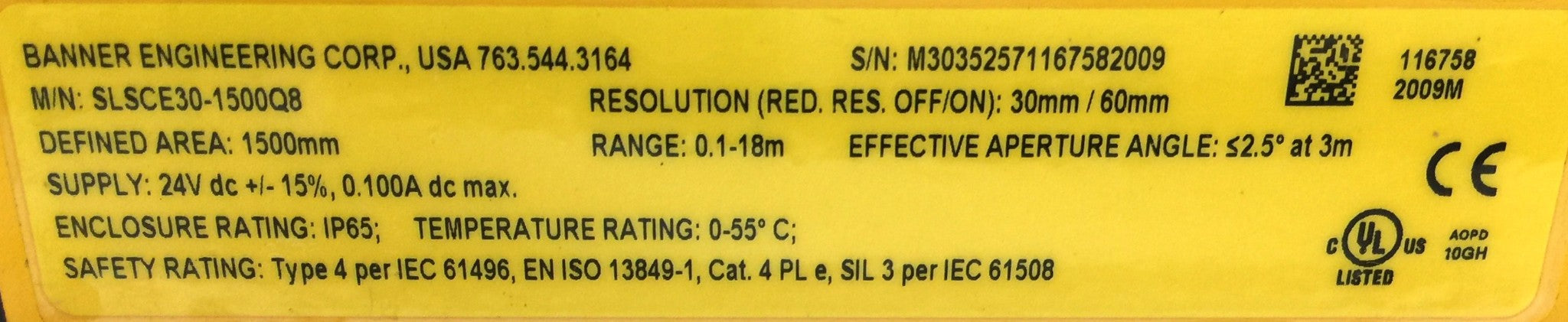 Banner Engineering EZ-Screen Light Curtain SLSCE30-1500Q8 NOS