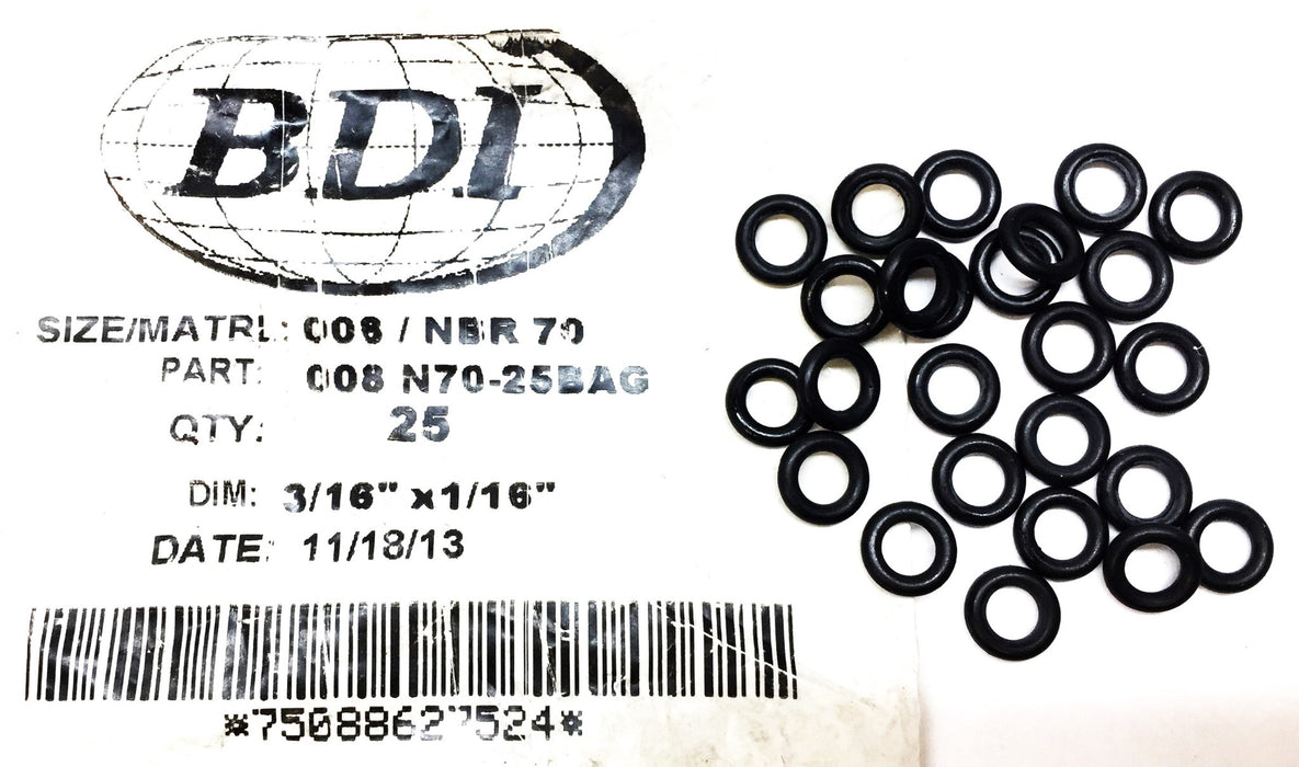 BDI 008 NBR 70 3/16"x 1/16" O-Ring Pack (25pcs) 008 N70-25BAG NOS