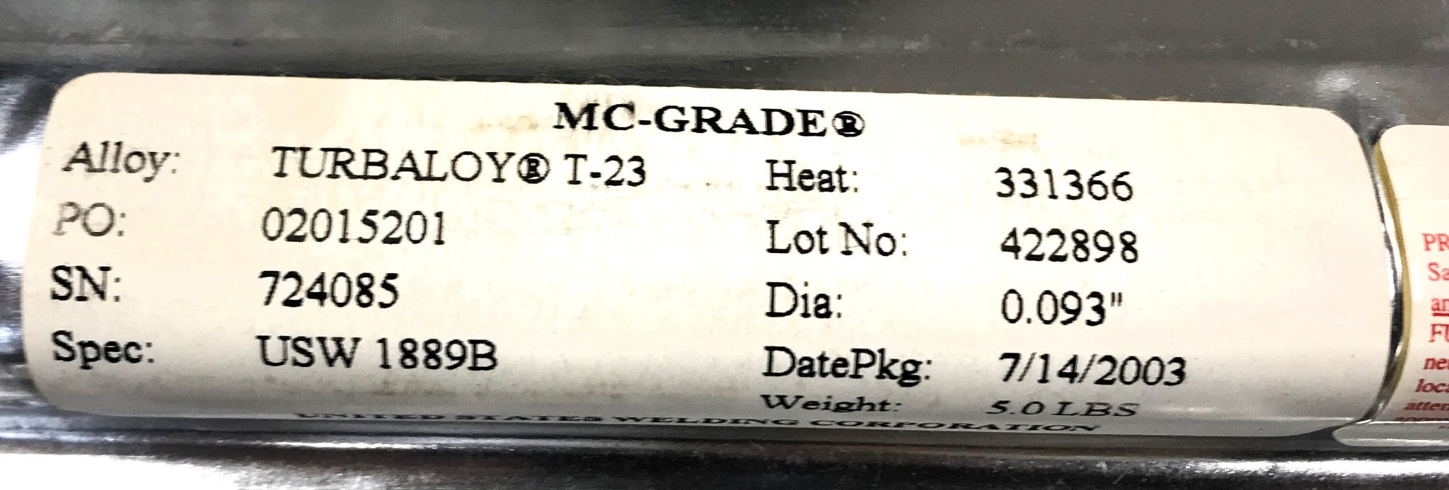 Mc-Grade Pack of (70) .093" Diameter x 36" OAL Wire Welding Turbaloy T-23 NOS