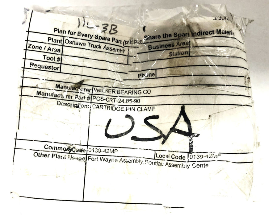 Welker Bearing Co Pin Clamp Cartridge PCS-CRT-24.85-90 NOS