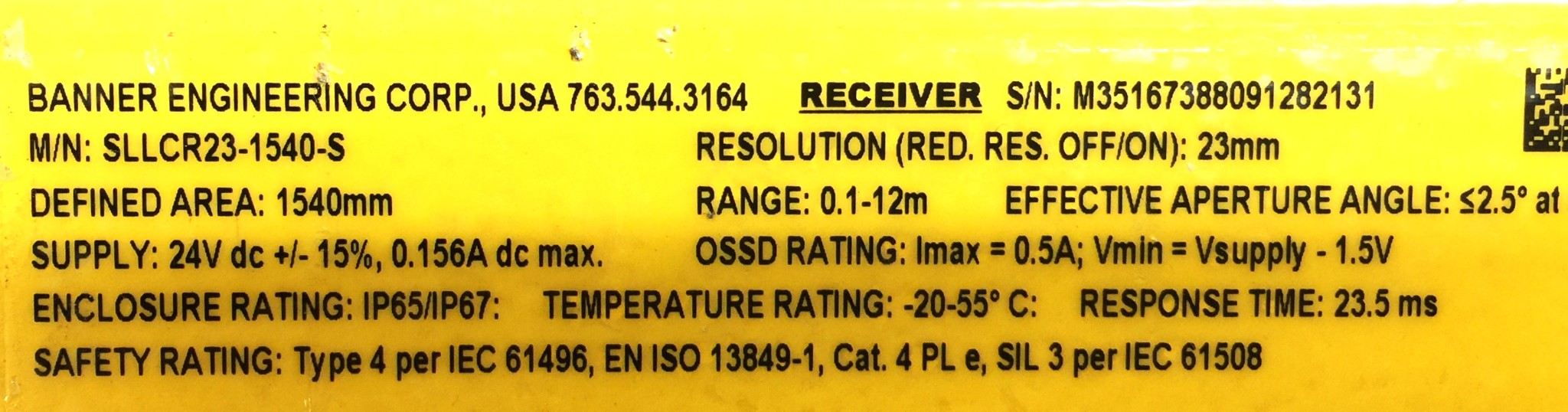 Banner Engineering Light Curtain Receiver with Side Brackets SLLCR23-1540-S USED