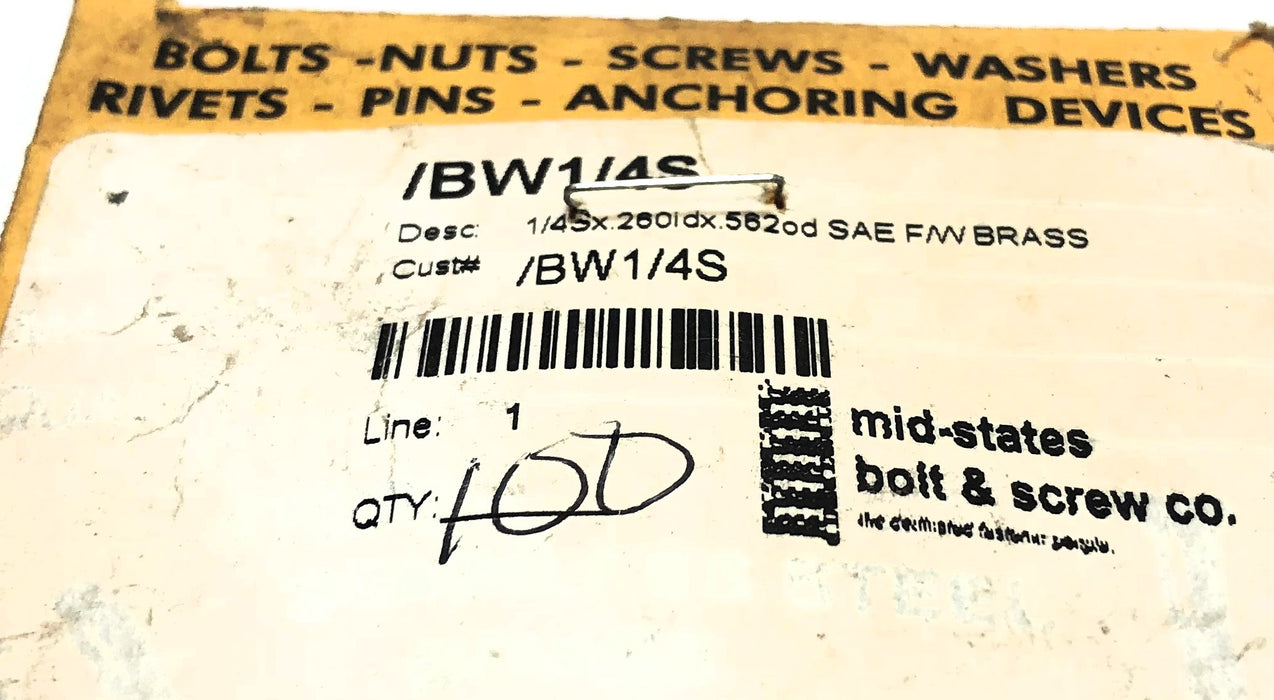 Mid-States Bolt & Screw Pack of (100) 1/4Sx.260IDx.562OD Flat Washer /BW1/4S NOS