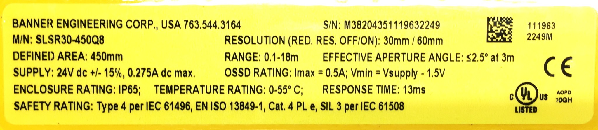 Banner EZ-Screen Safety Light Curtain SLSR30-450Q8 NOS
