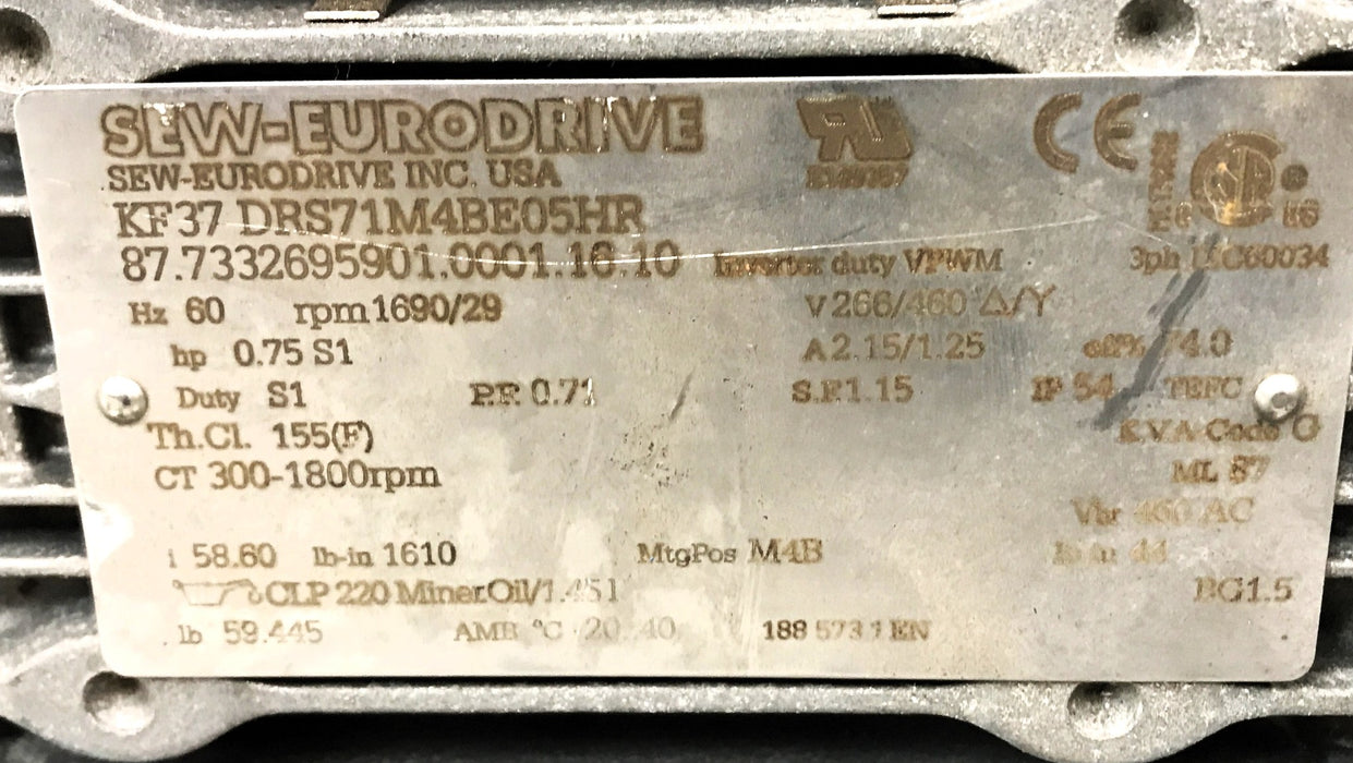 Sew-Eurodrive Gear Motor KF37 DRS71M4BE05HR (87.7332695901.0001.16.10) NOS