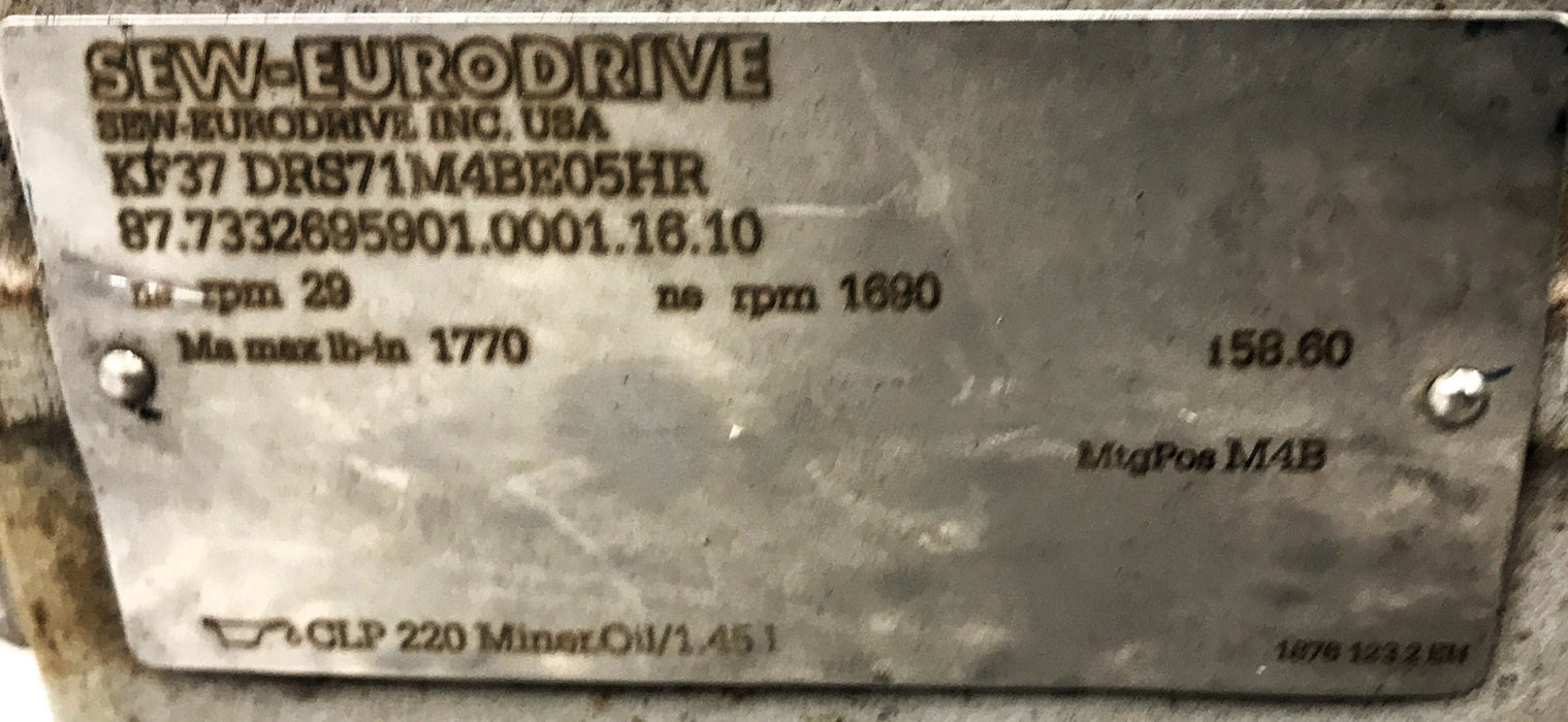 Sew-Eurodrive Gear Motor KF37 DRS71M4BE05HR (87.7332695901.0001.16.10) NOS