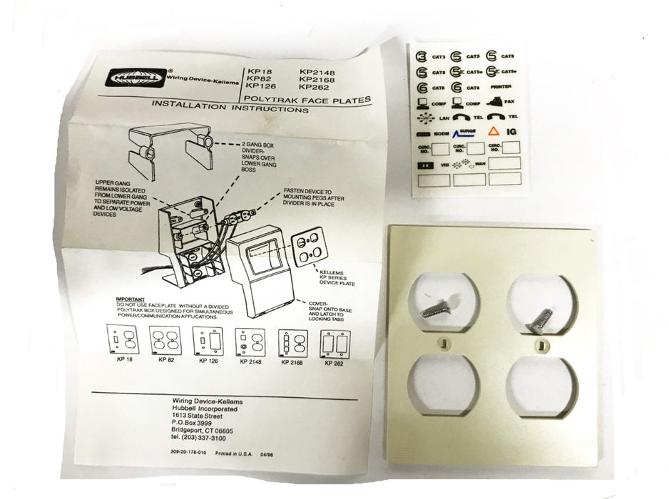 Hubbell PolyTrak Nonmetal 2 Gang Duplex Face Plate KP82 [Lot of 8] NOS