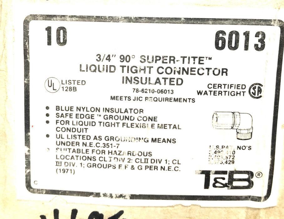 Thomas & Betts 3/4IN90 DEG  Liquid Tight Insulated Connector 6013 [Lot of 13]NOS