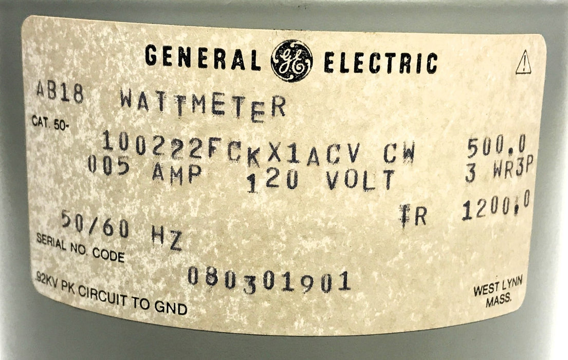 General Electric Type AB18 Wattmeter 50-100222FCKX1ACV CW NOS