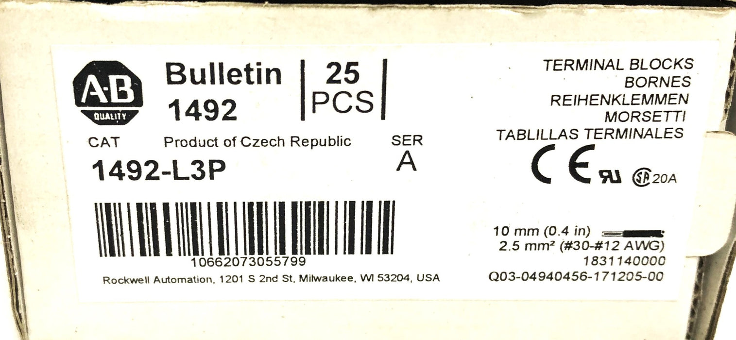 Allen-Bradley Series A Terminal Block 1492-L3P [Lot of 10] NOS