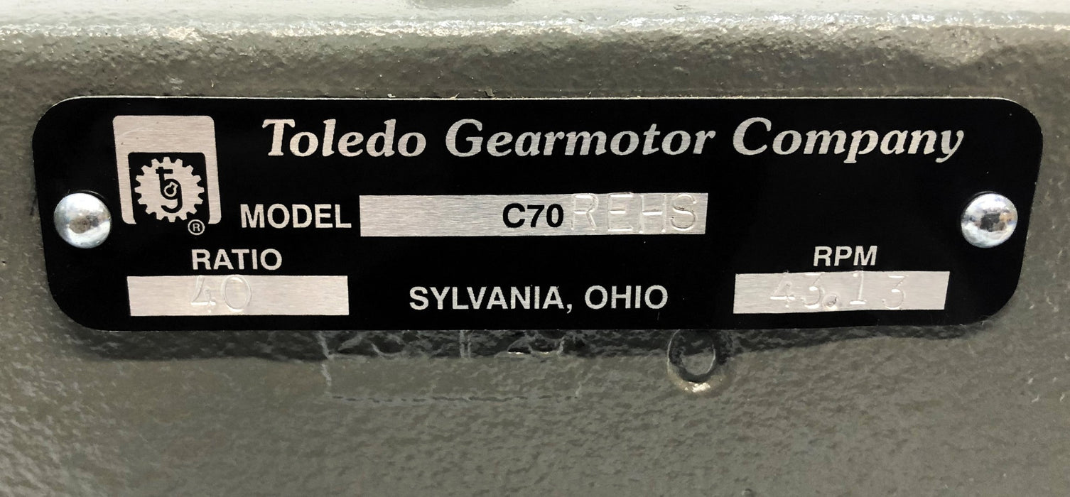 Toledo Gearmotor 40 Ratio 43.13 RPM Gear Reducer C70REHS (C70REHS-L-40) NOS