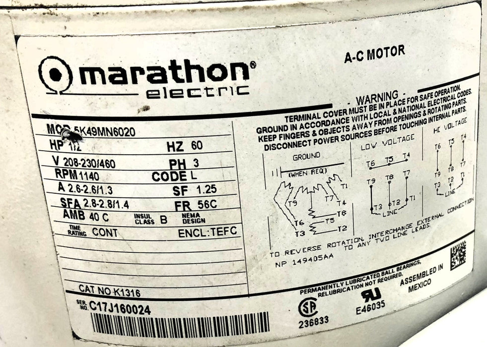 Marathon Electric 1/2HP 60Hz 1140 RPM A-C Motor 5K49MN6020 USED