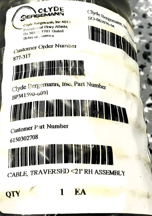 Clyde Bergemann Traversed Cable 341590-6001 NOS