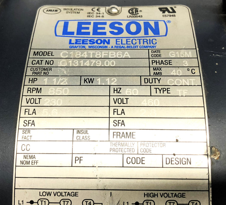 Leeson Electric Motor C184T8FB6A (G131479.00) USED