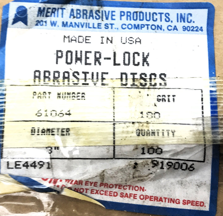 Merit Box of (100) 3" 180 Grit Power-Lock Abrasive Discs 61064 NOS
