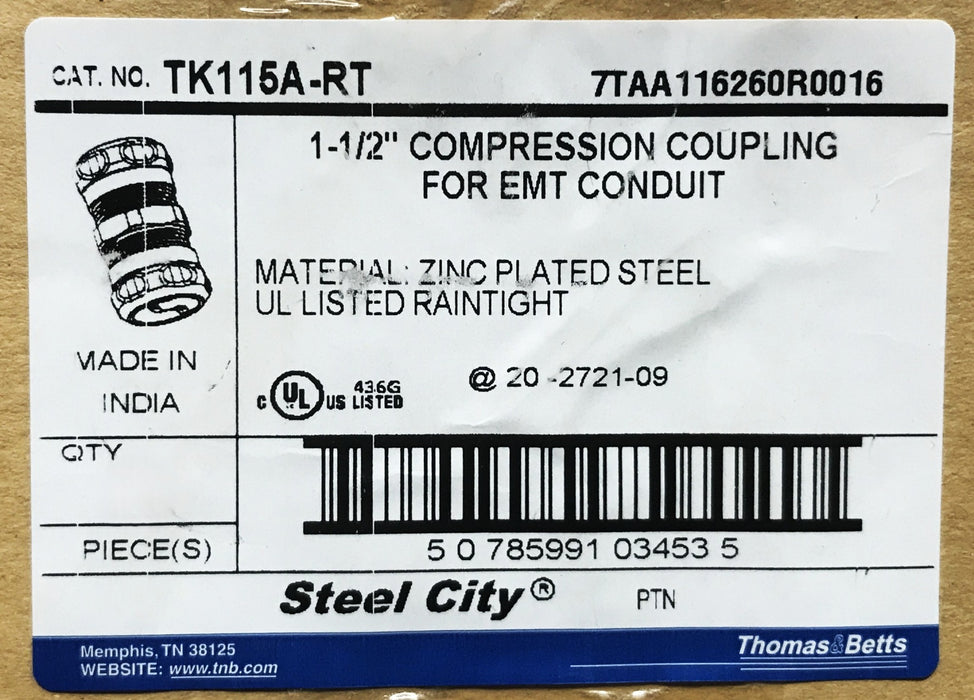 Thomas & Betts 1-1/2 inch EMT Conduit Coupling TK115A-RT [Lot of 5] NOS