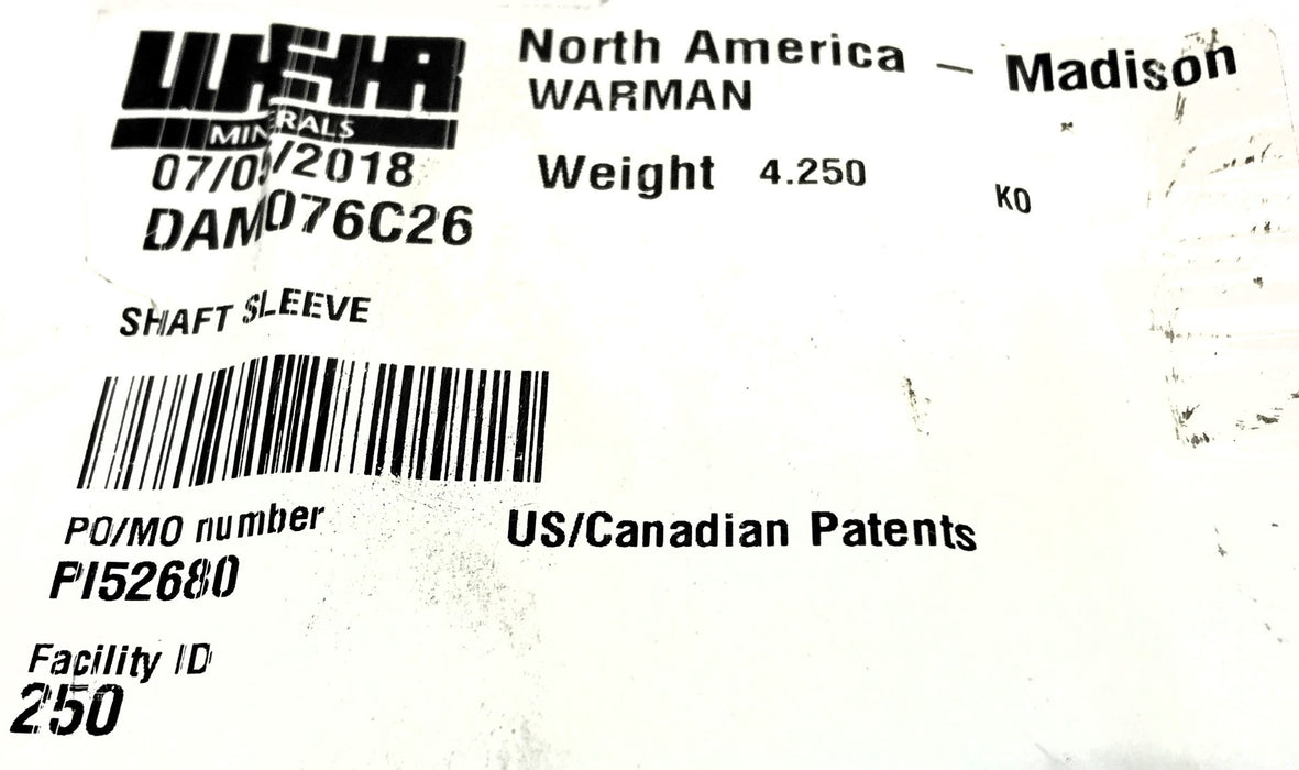 Weir Slurry Pump Shaft Sleeve DAM076C26 NOS