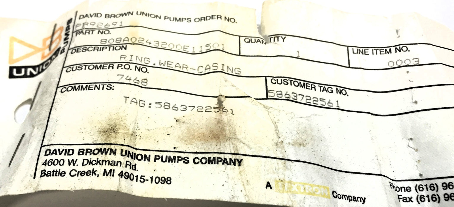 David Brown Union Pumps Casing Wear Ring 808A0243200E11501 NOS