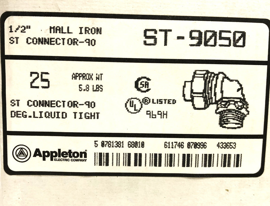 Appleton 1/2IN Malleable Iron 90Deg Liquid-Tight Connector ST-9050 [Lot of 6]NOS