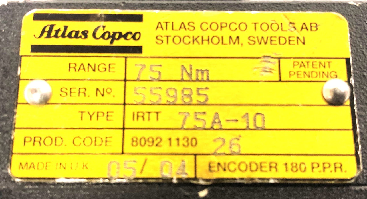 Atlas Copco Torque/Angle In-Line Rotary Transducer IRTT 75A-10 (80921130-26)USED