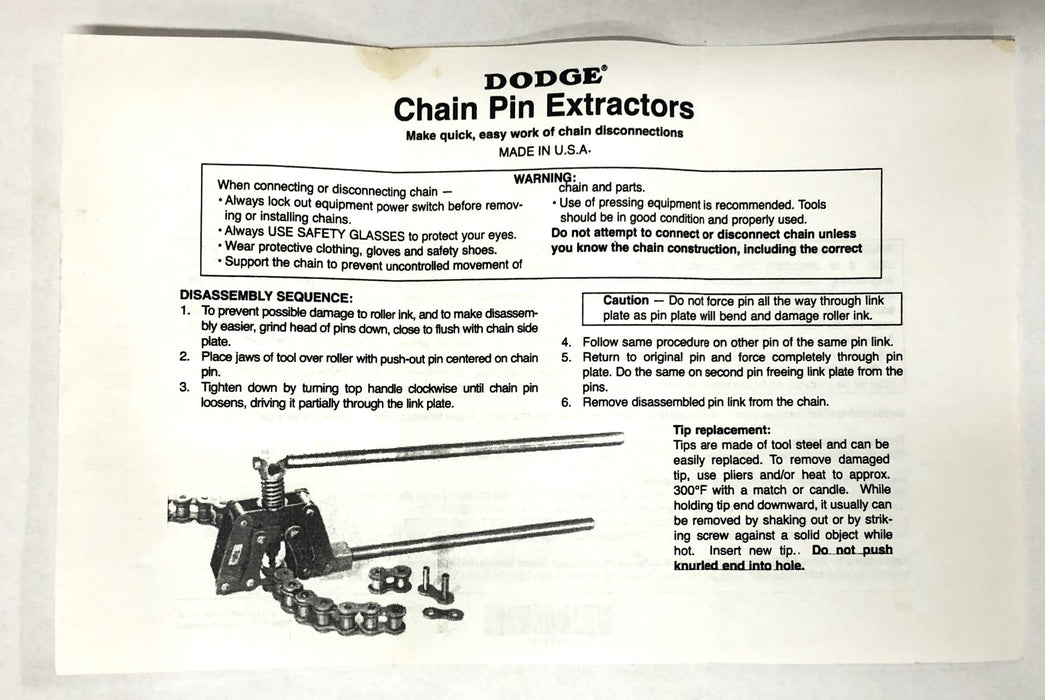 Dodge 101-2 Chain Pin Extractor 098176 NOS