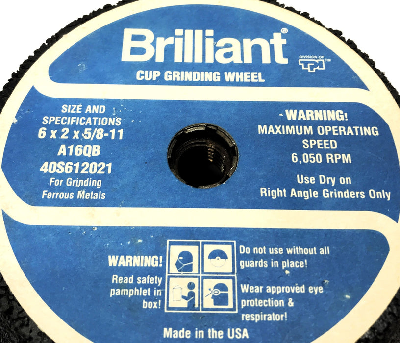 Brilliant 6 x 2 x 5/8-11 Cup Grinding Wheel A16QB NOS